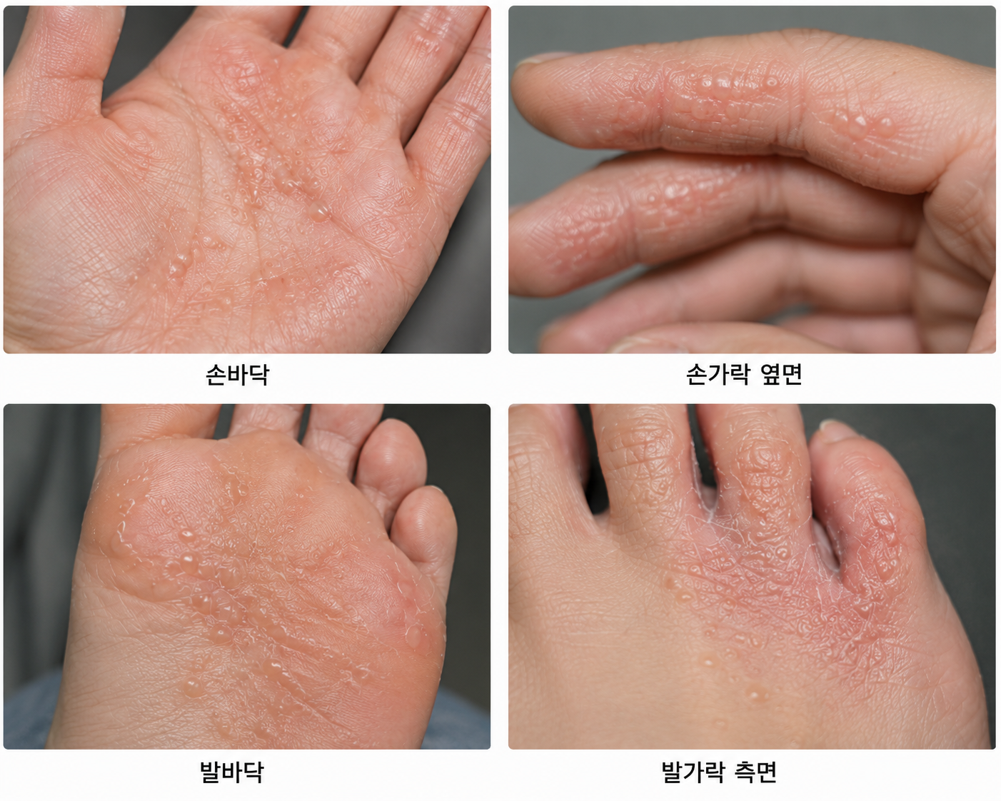 손가락 옆과 손바닥에 반복되는 한포진 물집의 주요 확인 부위